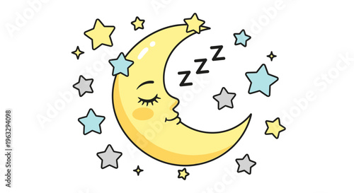 A sleeping moon face surrounded by stars in the night sky is peacefully dreaming.