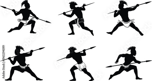 Warrior silhouette illustration collection, dynamic figures holding spears in tribal costumes with expressive poses, strength motion battle theme, vector art, black isolated bold design