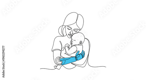 A mother with a blue prosthetic arm gently cradles her sleeping baby in a continuous line art illustration.
