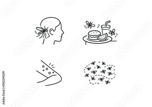 Mosquito biting head with flies near food and rash on white background