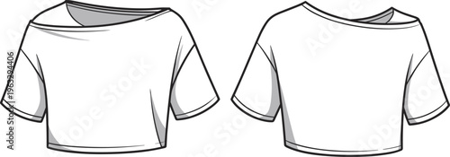 Off-the-shoulder crop top fashion flat sketch, stylish and trendy woman's apparel, vector illustration for design projects, casual summer wear, front and back view.