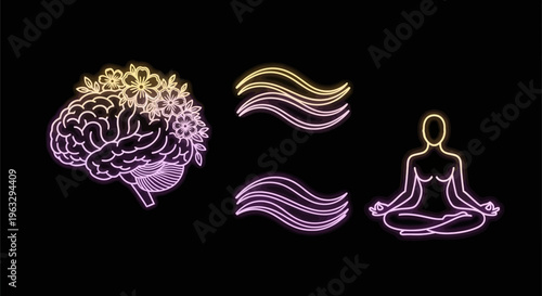 A serene illustration of a meditating woman with a brain adorned with flowers in a peaceful environment.