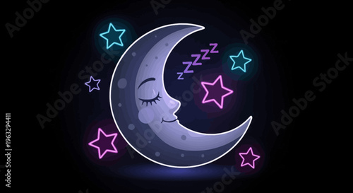 A serene moon with a sleeping face glows softly surrounded by colorful stars.