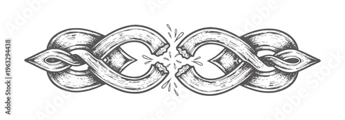 Intertwined broken chain links with splashing liquid in vintage style