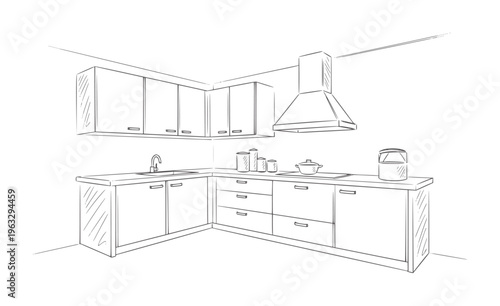 Of a corner kitchen with cabinets sink stove and hood interior faucet