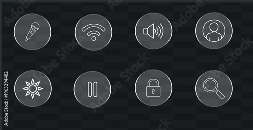 A set of glossy gray vector icons and web buttons for a modern business computer keyboard or internet technology interface