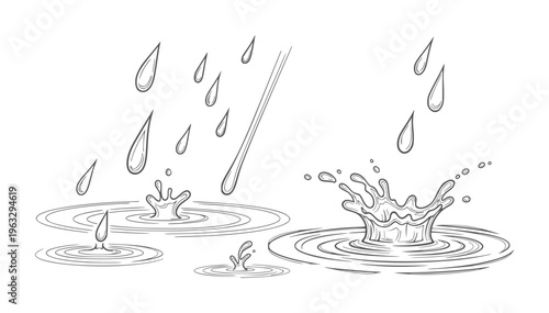 Raindrops creating splashes and ripples water surface in style