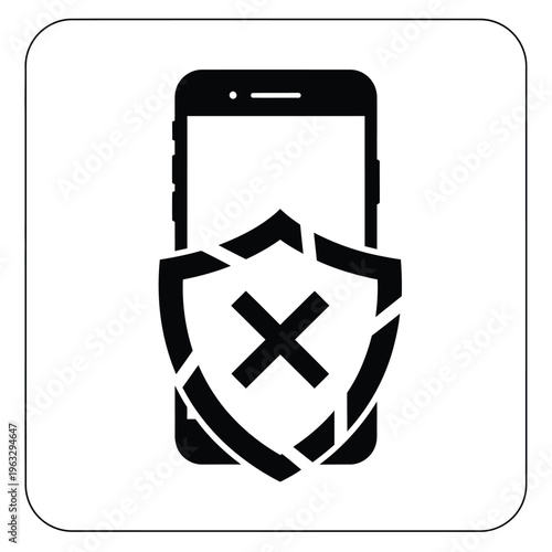 Vector illustration of a broken mobile phone shield with a black x symbol
