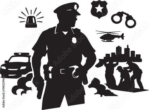 Silhouette of a police officer surrounded by law enforcement icons