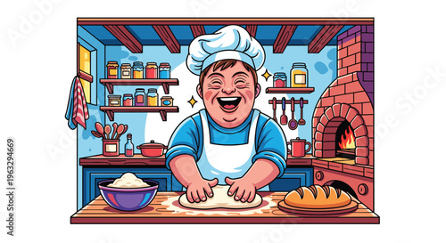 An illustrated person with a chef's hat and apron laughs joyfully while kneading dough on a wooden counter in a rustic kitchen with a brick oven and shelves.