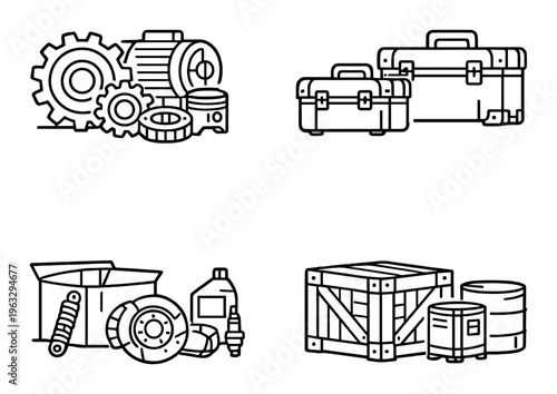 Mechanical parts and storage containers displayed on gray background