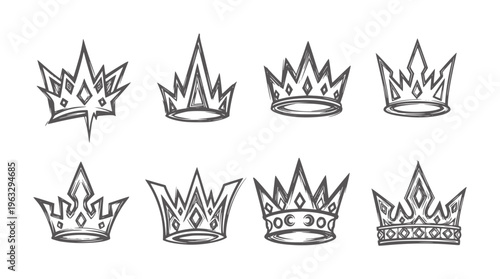 Set of eight hand drawn grey crowns white royalty king queen symbol