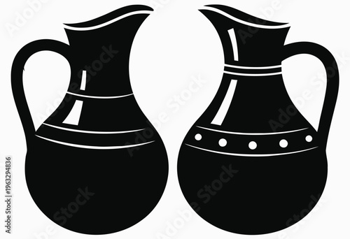Two contrasting black jugs with distinct handles and decorative bands for a classic aesthetic appeal isolated on white background, Vector, illustration