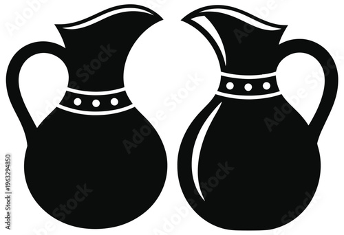 Two traditional ceramic jugs with handles and decorative spouts facing opposite directions elegantly displayed side by side isolated on white background, Vector, illustration