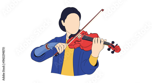 A person with a prosthetic arm plays a red violin with a bow, wearing a blue jacket and yellow shirt.