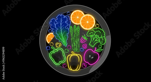Neon illustration of colorful vegetables and fruits on a plate indoors