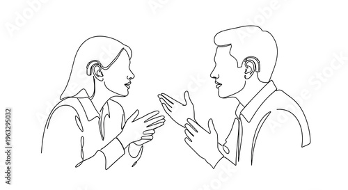 A continuous line art illustration shows a man and a woman, both wearing hearing aids, facing each other and gesturing during a discussion.