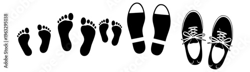 Row of Barefoot and Shoe Footprints Silhouette Illustration