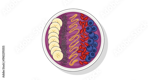Delicious acai bowl with banana slices blueberries and toppings on a plate indoors
