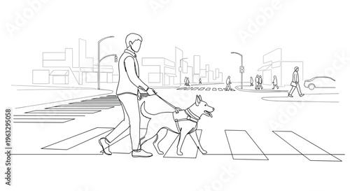A person with a service dog wearing a harness walks across a striped crosswalk in a detailed city street scene.