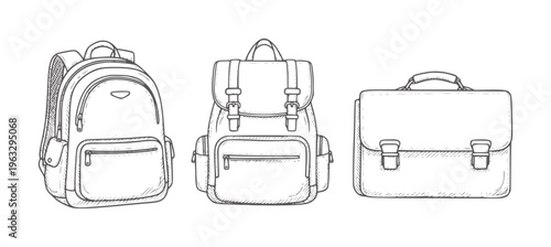 Three hand drawn backpacks and a briefcase white luggage travel
