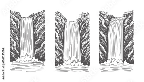Three distinct hand drawn waterfalls cascading into water cascade nature rock