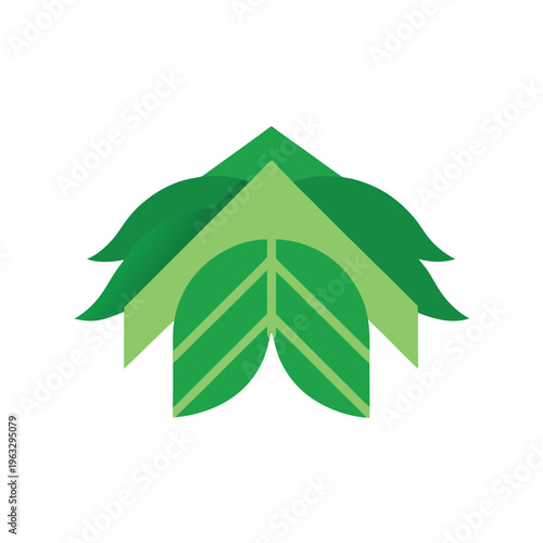 Clean green eco house roof made of layered leaves sustainable living concept Line Art Vector illustration