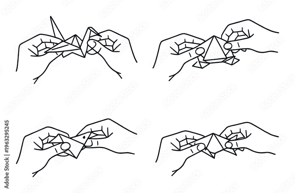 Naklejka premium Hands folding paper crane in four-step sequence on dark backdrop