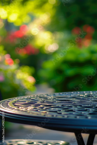 A table and two chairs in a peaceful garden setting