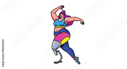 A vibrantly illustrated plus-sized woman with a prosthetic leg is captured mid-dance, posing energetically against a plain white backdrop.
