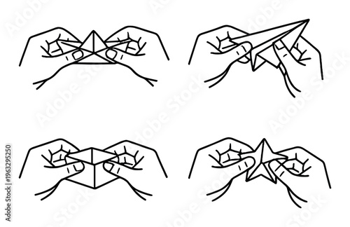Hands folding paper shapes in four-step sequence on dark backdrop