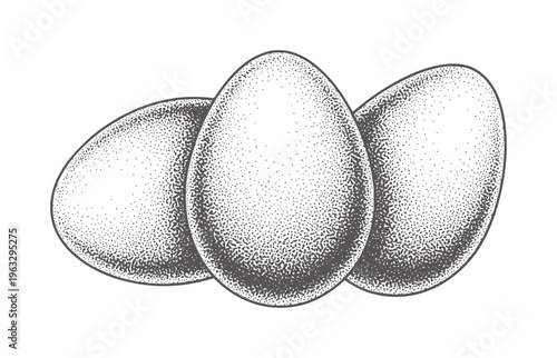 Three stippled eggs in monochrome grayscale tones food