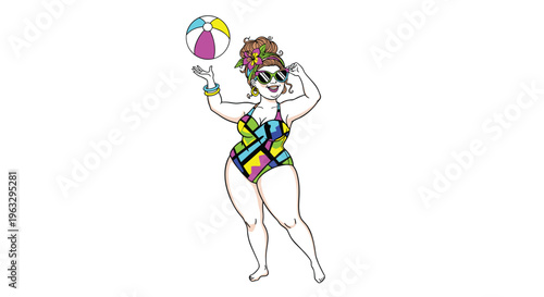 An illustration depicts a cheerful plus-sized woman in a vibrant geometric swimsuit, wearing sunglasses and a flower, holding a colorful beach ball.