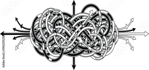 Complex abstract vector illustration of tangled messy black and white arrows representing confusion chaos problem solving and finding a clear direction