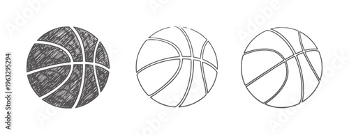 Three stylized black and white basketballs in a row with varying shading sports gray