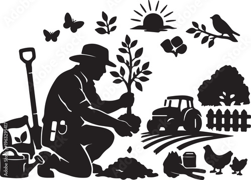 A farmer planting a small tree in his sunny garden