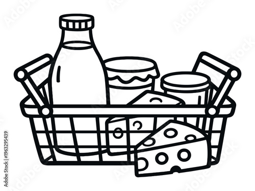 Dairy basket with milk bottle and cheese on gray background