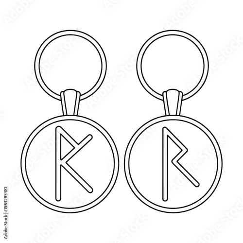 Two distinct rune symbols hanging from circular loops with attached loops at the top isolated on white background, Vector, illustration