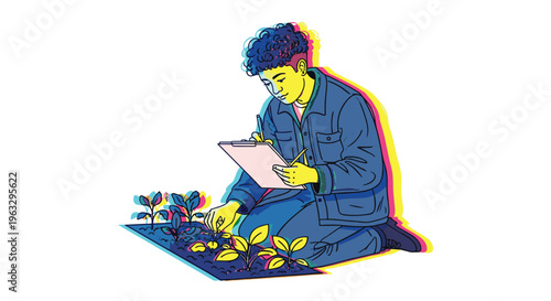 A risograph illustration shows a nonbinary person with curly hair kneeling and tending to small plants in a garden bed while holding a clipboard.