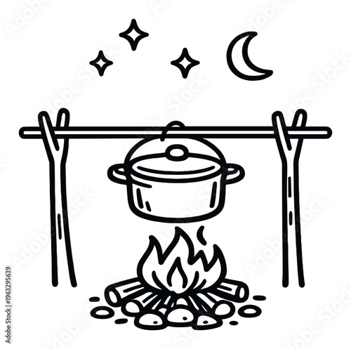 Lidded cooking pot hanging over campfire with stones and moon