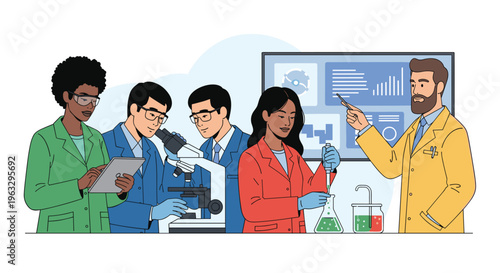 A diverse group of five scientists in lab coats conducts various experiments and analyzes data in a modern laboratory setting.