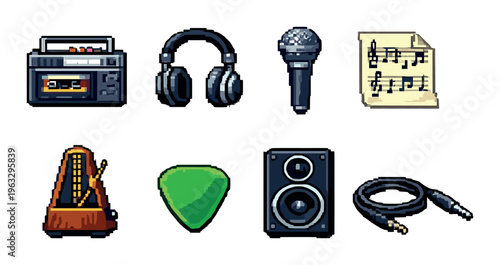 Music tools icons arranged in grid on gray background