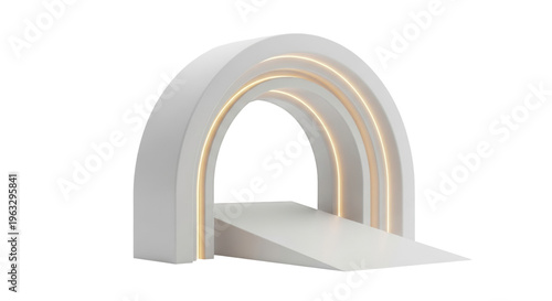 a massive, futuristic white architectural gateway, minimalist geometric arch with warm golden-yellow neon LED glow and inclined ramp, isolated on a transparent background, visionary sci-fi