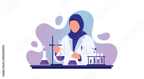 A woman wearing a blue hijab and white lab coat carefully conducts a chemical experiment, pouring liquid between a flask and a beaker on a lab bench.