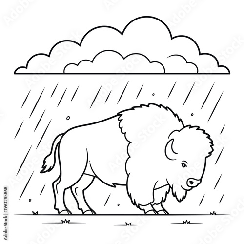 Bison standing calmly amidst a gentle rain with a cloudy sky above isolated on white background, Vector, illustration