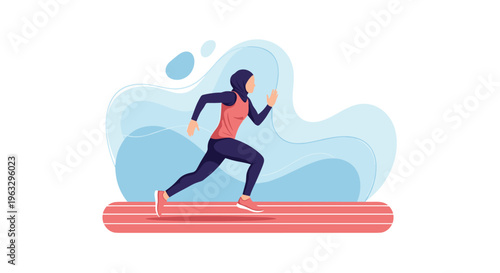 A focused woman athlete wearing a hijab and sportswear is depicted in a full sprint on a red running track against a light blue abstract background.