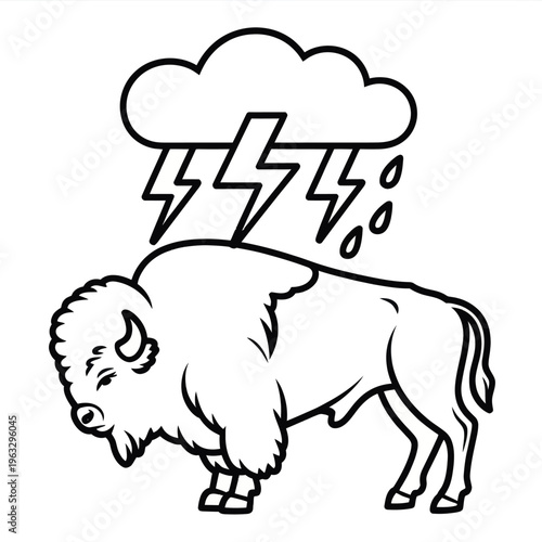 A bison emitting thunderous lightning from its head in a whimsical and unexpected way isolated on white background, Vector, illustration
