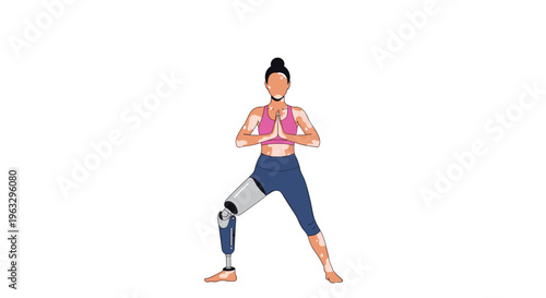 A woman with vitiligo and a prosthetic leg is gracefully performing a yoga pose with hands in prayer position against a simple white background.