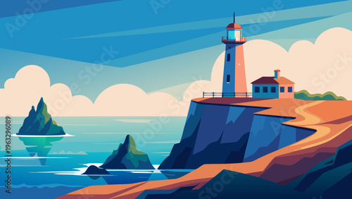 Coastal Lighthouse on Rocky Cliff Spain Flat Vector Illustration