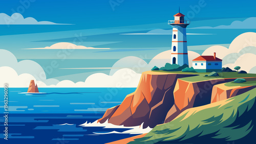 Coastal Lighthouse on Rocky Cliff Spain Flat Vector Illustration
